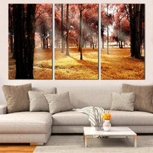 Load image into Gallery viewer, Forest Scenery Canvas Wall Art Red Trees Autumn Forest  3 Piece Canvas Print Beautiful Yellow Fields Scenery Multi Panel Canvas In Living Room
