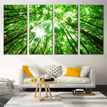 Load image into Gallery viewer, Forest Sky Canvas Wall Art Looking Up Forest Canvas Set White Sky Sunrise Canvas Print Looking Up Green Trees  4 Piece Multi Canvas In Living room
