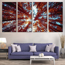 Load image into Gallery viewer, Forest Sky Canvas Wall Art Orange Looking Up Through Forest  4 Piece Multi Canvas Blue Sky Autumn Forest Sunrise Canvas Print For Living room
