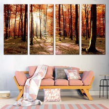 Load image into Gallery viewer, Forest Sunrise Canvas Wall Art Orange Trees Scenery Multiple Canvas Green Fields Autumn Forest  4 Piece Canvas Print For Living room
