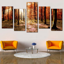 Load image into Gallery viewer, Forest Sunrise Canvas Wall Art Orange Trees Scenery Multiple Canvas Green Fields Autumn Forest  5 Piece Canvas Print 
