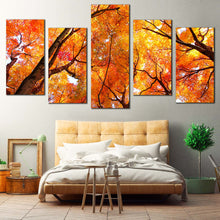 Load image into Gallery viewer, Forest Trees Canvas Wall Art Looking Up Red Orange Trees Multi Canvas Looking Up Trees Brunches  5 Piece Canvas Print
