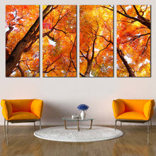 Load image into Gallery viewer, Forest Trees Canvas Wall Art Looking Up Red Orange Trees Multi Canvas Looking Up Trees Brunches  4 Piece Canvas Print For Your Living room
