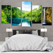 Load image into Gallery viewer, Forest Waterfall Canvas Print Blue Deep Waterfall River  5 Piece Canvas Wall Art Green Carottia Forest Multi Canvas Artwork In Bedroom
