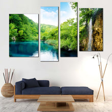 Load image into Gallery viewer, Forest Waterfall Canvas Print Blue Deep Waterfall River  4 Piece Canvas Wall Art Green Carottia Forest Multi Canvas Artwork 
