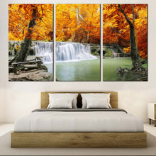 Load image into Gallery viewer, Forest Waterfall Canvas Wall Art Orange Forest Canvas Print Thailand Mountain Waterfall Canvas Set Green Lake River  3 Piece Canvas In Bedroom
