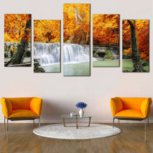 Load image into Gallery viewer, Forest Waterfall Canvas Wall Art Orange Forest Canvas Print Thailand Mountain Waterfall Canvas Set Green Lake River  5 Piece Canvas For Living Room
