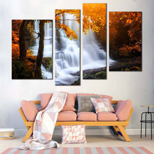Load image into Gallery viewer, Forest Waterfall Canvas Wall Art White Mun Daeng Waterfall 4 Piece Multiple Canvas Orange Yellow Trees Thailand Waterfall Canvas Print
