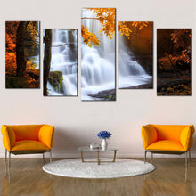 Load image into Gallery viewer, Forest Waterfall Canvas Wall Art White Mun Daeng Waterfall 5 Piece Multiple Canvas Orange Yellow Trees Thailand Waterfall Canvas Print
