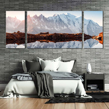 Load image into Gallery viewer, France Mountain Canvas Wall Art Brown Landscape Chesery Lake 3 Piece Canvas Print White Monte Bianco Mountain Reflection Multiple Canvas In Bedroom
