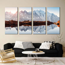 Load image into Gallery viewer, France Mountain Canvas Wall Art Brown Landscape Chesery Lake 4 Piece Canvas Print White Monte Bianco Mountain Reflection Multiple Canvas For Living Room
