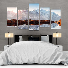 Load image into Gallery viewer, France Mountain Canvas WallArt Brown Landscape Chesery Lake 5 Piece Canvas Print White Monte Bianco Mountain Reflection Multiple Canvas For Bedroom
