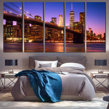 Load image into Gallery viewer, Freedom Tower Canvas Wall Art Brown Manhattan Skyline Cityscape Canvas Print Blue New York Brooklyn Bridge 5 Piece  Multi Canvas Artwork For Bedroom
