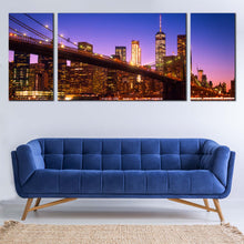 Load image into Gallery viewer, Freedom Tower Canvas Wall Art Brown Manhattan Skyline Cityscape Canvas Print Blue New York Brooklyn Bridge  3 Piece Multi Canvas Artwork For Living Room
