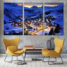 Load image into Gallery viewer, French Alps Canvas Print France Blue Mountain Landscape 3 Piece Canvas Wall Art France Yellow Lights Ski Resort Triptych Canvas Set For Living Room
