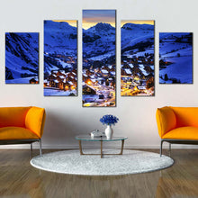 Load image into Gallery viewer, French Alps Canvas Print France Blue Mountain Landscape 5 Piece Canvas Wall Art France Yellow Lights Ski Resort Triptych Canvas Set For Living room
