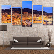 Load image into Gallery viewer, French Riviera Canvas Print Yellow Monte Carlo Beach Reflection Canvas Set Blue Sky Monaco Harbour Cityscape  5 Piece Canvas Wall Art 
