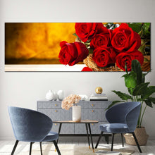 Load image into Gallery viewer,   Fresh Roses Canvas Wall Art Red Rose Panoramic Canvas Print Rosses Brown Wall Background Canvas Artwork In Living Room
