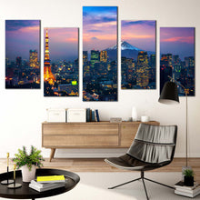 Load image into Gallery viewer, Fuji Mountain Canvas WallArt Aerial View of Tokyo Cityscape 5 Piece Canvas Japan Blue Mountain Canvas Set Cloudy Purple Sky City Canvas Print For Living Room
