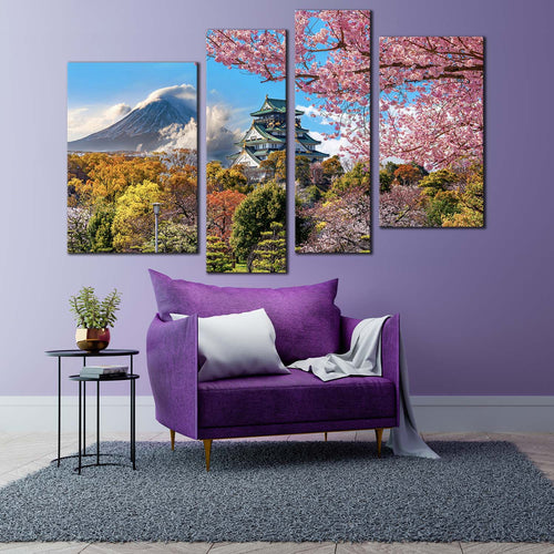 Fuji Mountain Canvas Wall Art Osaka Castle Colorful Scenery Multi Canvas Artwork Japan Mountain 4 Piece Canvas Print in living room