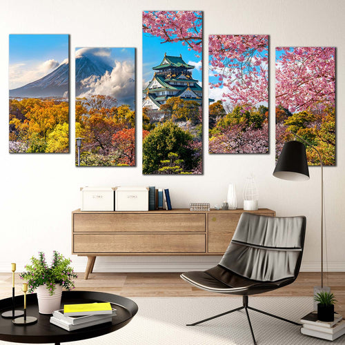 Fuji Mountain Canvas Wall Art Osaka Castle Colorful Scenery Multi Canvas Artwork Japan Mountain 5 Piece Canvas Print For Living Room