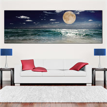 Load image into Gallery viewer, Full  Moon  Over  Ocean  Blue  Canvas  Print  Beach  Moon  Night  Blue  Sky  4  Panel  Wall  Art In Living Room
