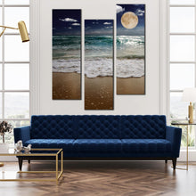 Load image into Gallery viewer, Full  Moon  Reflecting  On  blue  Ocean  at  Night  3  piece  wall  art In Living Room
