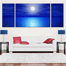 Load image into Gallery viewer, Full Moon Reflecting On blue Ocean at Night 3 piece wall art For Living Room
