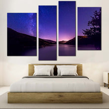 Load image into Gallery viewer, Galaxy Mountain Canvas Print Blue Starry Night Canvas Purple Mountain Lake  4 Piece Canvas Wall Art For Bedroom
