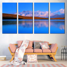 Load image into Gallery viewer, God Lake Canvas Wall Art Blue JiuDing Mountain  4 Piece Canvas Print China Cloudy Ocean Mountains Canvas Set Brown SiChuna Landscape Reflection Multi Canvas For Living room
