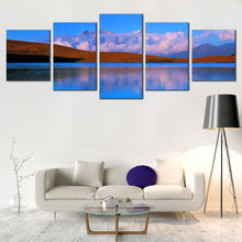 Load image into Gallery viewer, God Lake Canvas Wall Art Blue JiuDing Mountain  5 Piece Canvas Print China Cloudy Ocean Mountains Canvas Set Brown SiChuna Landscape Reflection Multi Canvas For Living Room
