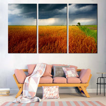 Load image into Gallery viewer, Grain Field Canvas Print Grey Storm Clouds Canvas Wall Art Orange Green Scenery Fields  3 Piece Canvas Artwork For Living Room
