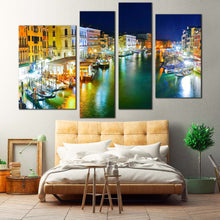 Load image into Gallery viewer, Grand Canal Canvas Wall Art Yellow Orange Italy Harbor City Canvas Print Venice at Blue Night Sky  4 Piece Canvas 
