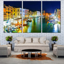 Load image into Gallery viewer, Grand Canal Canvas Wall Art Yellow Orange Italy Harbor City Canvas Print Venice at Blue Night Sky  3 Piece Canvas For Living Room
