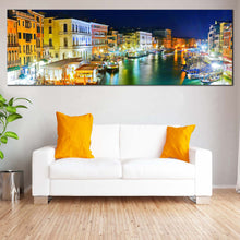 Load image into Gallery viewer, Grand  Canal  Canvas  Wall  Art  Yellow  Orange  Italy  Harbor  City  Wide  Canvas  Print  Venice  at  Blue  Night  Sky  Living  Room  1  Piece  Canvas In Living Room

