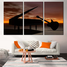 Load image into Gallery viewer, Grand Piano Canvas Print Orange Cloudy Sky Musical Instrument 3 Piece Canvas Wall Art Black Guitar Piano  Music Canvas For Living Room
