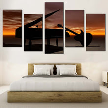 Load image into Gallery viewer, Grand Piano Canvas Print Orange Cloudy Sky Musical Instrument 5 Piece Canvas Wall Art Black Guitar Piano Music  Canvas For Bedroom
