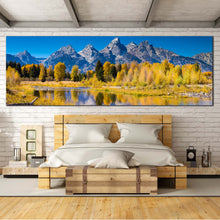 Load image into Gallery viewer, Grand  Teton  Canvas  Print  Golden  Aspen  Trees  Bedroom  Panoramic  Canvas  Wall  Art  Blue  Sky  Ocean  Mountains  Wide  Canvas  Wyoming  National  Park  Canvas  Artwork For Bedroom
