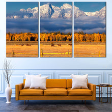 Load image into Gallery viewer, Grand Tetons Canvas Wall Art Orange Autumn Foliage Trees  3 Piece Canvas Blue Cloudy Sky Canvas Print For Living Room

