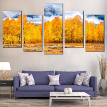 Load image into Gallery viewer, Grand Tetons Canvas Wall Art White Clouds Covered Mountain Canvas Set Yellow Autumn Trees Landscape  5 Piece Canvas Print In Living Room
