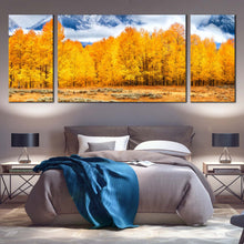 Load image into Gallery viewer, Grand  Tetons  Canvas  Wall  Art  White  Clouds  Covered  Mountain  Triptych  Canvas  Set  Yellow  Autumn  Trees  Landscape     3  Piece  Canvas  Print For Bedroom
