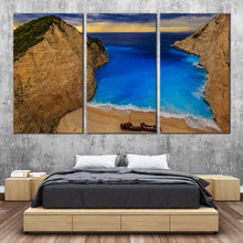 Load image into Gallery viewer, Greece Beach Canvas Wall Art Blue Clouds Ocean Beach Canvas Set Brown Navagio Beach Mountains Multi Canvas Zakynthos Island Bedoom 3 Piece Canvas Print For Bedroom
