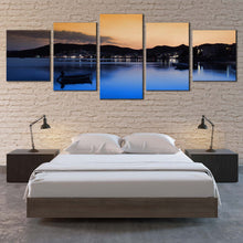 Load image into Gallery viewer, Greece City Canvas Print Blue City Beach Ocean Mountains 5 Piece Multi Canvas Milos Island Orange Sunset Sky Canvas Wall Art In Bedroom
