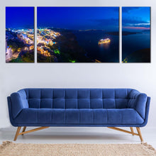 Load image into Gallery viewer, Greece Cityscape Canvas Wall Art Yellow Santorini Island City Lights  3 Piece Canvas Print Dramatic Blue Clouds Night Seascape Multi Canvas Artwork For Living Room
