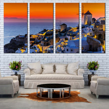 Load image into Gallery viewer, Greece Houses Canvas Print Greece Oia Orange Sky Canvas Set Blue Santorini Island Sea   4 Piece Canvas Canvas Wall Art For Living room
