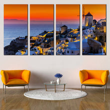 Load image into Gallery viewer, Greece Sea Canvas Wall Art Santorini Island Orange Sky Multi Canvas Blue Greece Oia Houses   4 Piece Canvas Canvas Print In Living Room
