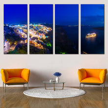 Load image into Gallery viewer, Greece Sea Canvas Wall Art Yellow Cityscape Cruise Ship 4 Piece Multi Panel Canvas Santorini Island Blue Cloudy Sky Canvas Print For Living Room
