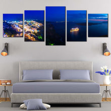 Load image into Gallery viewer, Greece Sea Canvas Wall Art Yellow Cityscape Cruise Ship 5 Piece Multi Panel Canvas Santorini Island Blue Cloudy Sky Canvas Print For Bedroom
