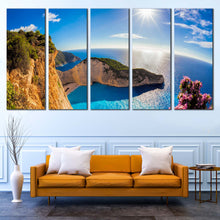 Load image into Gallery viewer, Greece Sunset Canvas Wall Art Blue Ocean Cliff  5 Piece Canvas Print Green Navagio Ocean Mountains Mutiple Canvas For Living room
