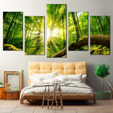 Load image into Gallery viewer, Green Forest Canvas Wall Art Tranquil Scenery Sun Casting Forest Canvas Print Beautiful Yellow Sun Rays Scenery  5 Piece Multiple Canvas For Your Bedroom
